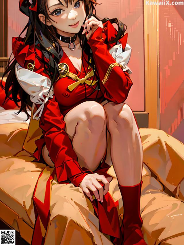 A woman in a red dress sitting on a bed.