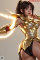 A woman in a gold outfit holding a sword.