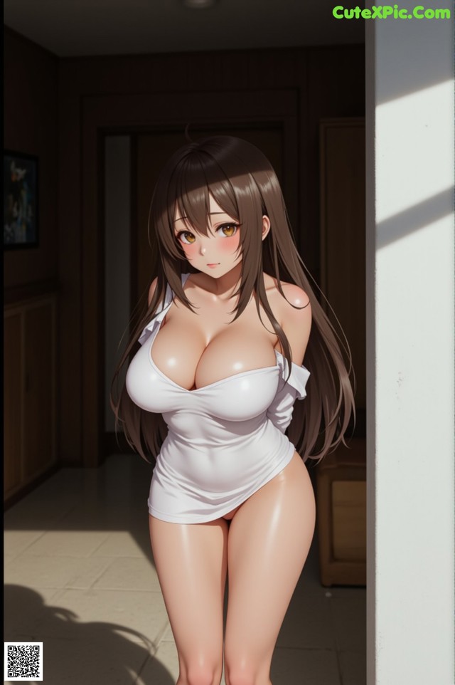 A woman in a white dress standing in a hallway.