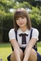 A young woman in a school uniform sitting on the grass.