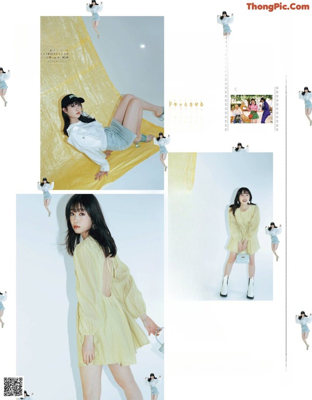 A magazine spread with a woman in a yellow dress.