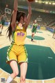 A woman in a yellow and green uniform shooting a basketball.