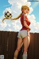 A woman in shorts and a red shirt holding a soccer ball.